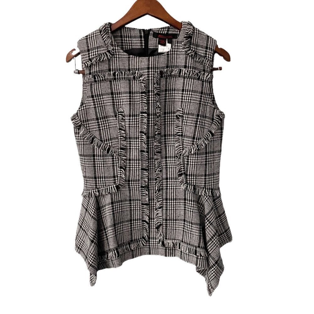 Simon Chang Wool Blend Houndstooth Sleeveless Peplum Top Women's Size 6 Fringe